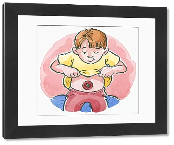 Cartoon boy lifting yellow T-shirt and looking down at belly button on abdomen