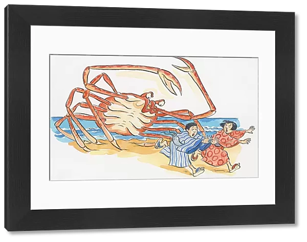 Cartoon of Japanese Spider Crab (Macrocheira kaempferi), chasing man and woman on beach as it rears up behind them