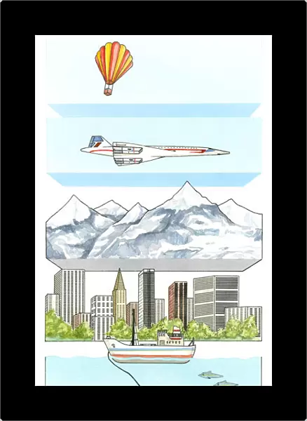 Illustration of air pressure on hot air balloon, supersonic aeroplane, mountain, city of skycrapers, and water pressure on deep-sea diver, submarine and deep sea research submersible