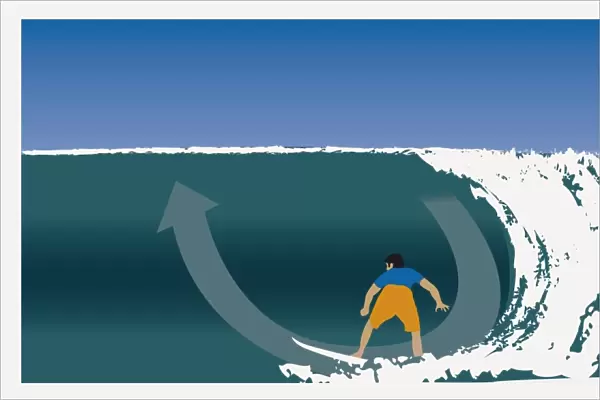 Digitally generated illustration of young man on surf board showing bottom turn maneuver on wave