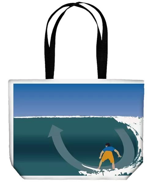 Digitally generated illustration of young man on surf board showing bottom turn maneuver on wave