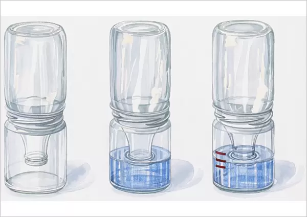 Illustration of three milk bottles turned upside down in glass jars used as barometers to forecast pressure