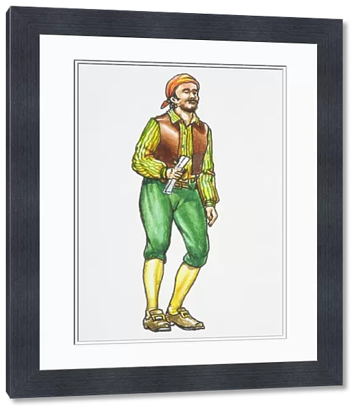 Illustration of pirate holding paper, with beard wearing headscarf, shirt, waistcoat, leggings and leather shoes