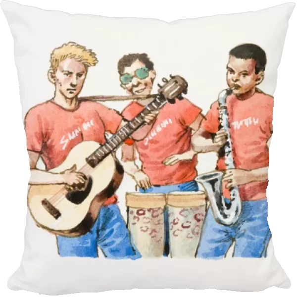 Illustration of group playing guitar, bongo drum, saxophone, and violin