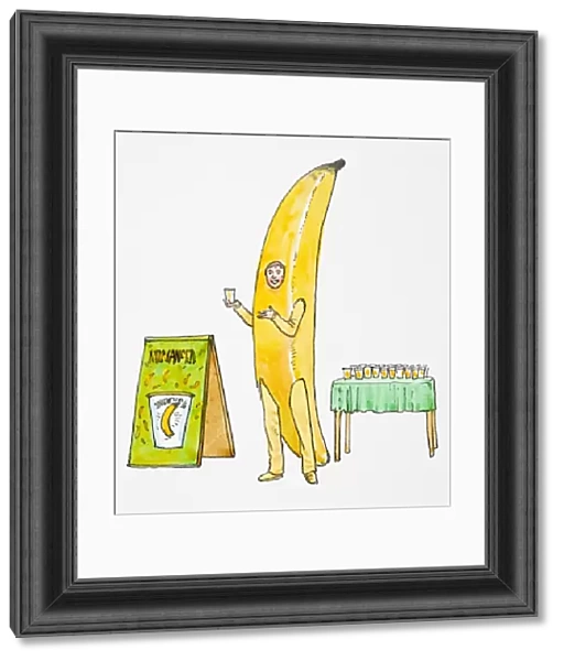 Illustration of smiling man wearing banana costume pointing at glass of juice held in hand, next to table of drinks and sandwich board