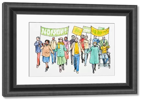 Illustration of people protesting, including man in wheelchair and woman using megaphone