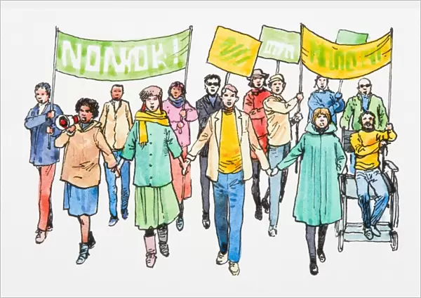 Illustration of people protesting, including man in wheelchair and woman using megaphone