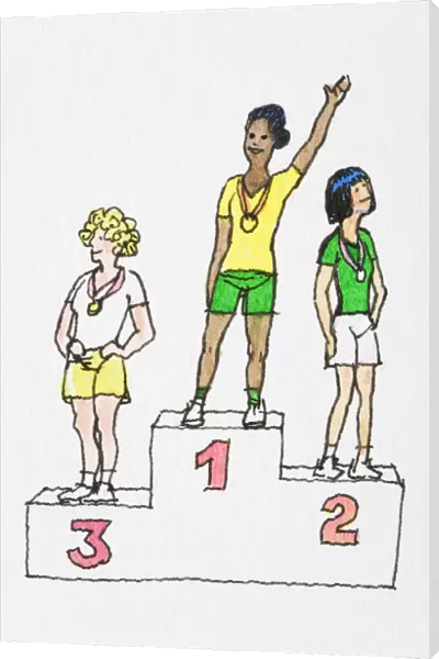 Cartoon of winner with arm raised standing on podium with two medalists