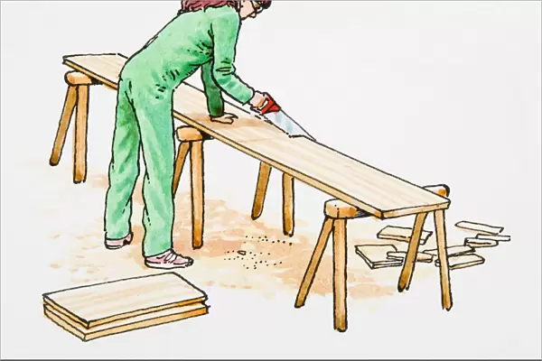 Illustration of woman bending over workbench sawing plank of wood