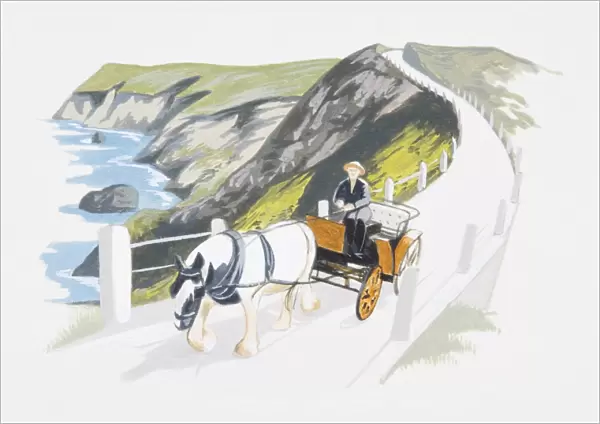 Illustration of horse and cart on coastal road above cliffs