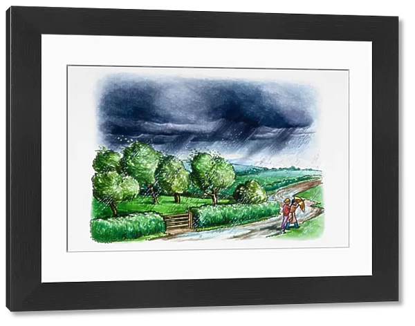 Rainstorm above rural landscape, two people walking with umbrella