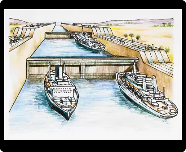 Illustration of cruise ships in row of canal locks