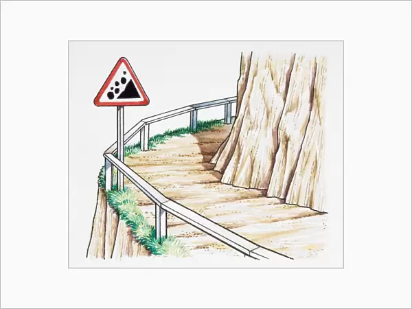Road sign at edge of mountain road, warning of falling rocks