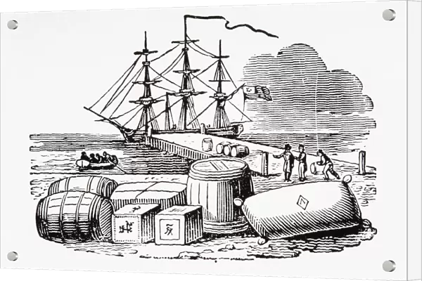 Black and white illustration of ship at end of pier, barrels and boxes on shore
