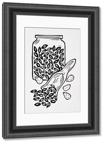 Black and white illustration of nuts and seeds, in jar and on spoon