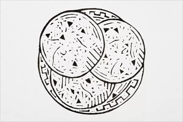 Black and white illustration of three pancakes on a plate