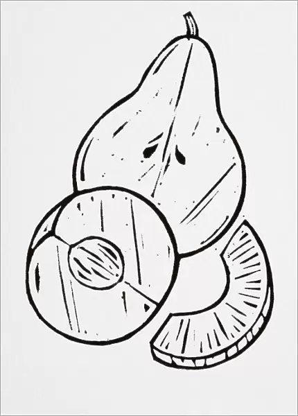 Black and white illustration of pear, halved peach and piece of pineapple