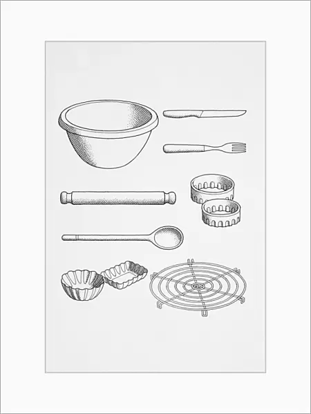 Selection of cooks kitchen utensils, including knife, fork, pastry cutters, wire rack, party tins, rolling pin, wooden spoon, line drawing