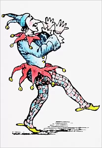 Court Jester dressed in red and blue wearing bells, stepping forward