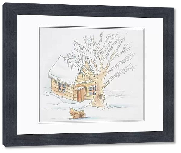 Snowy scene, wooden hut and tree covered with layer of snow, squirrel sitting in foreground eating nuts, side view