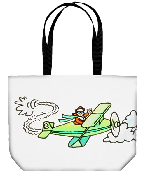 Cartoon, pilot flying green open-topped aeroplane among clouds and waving, his scarf rustling in wind, side view
