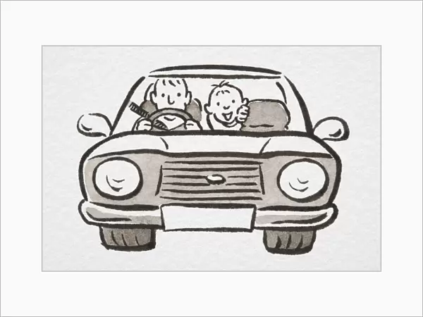 Illustration, man driving car with smiling boy in the back seat, front view