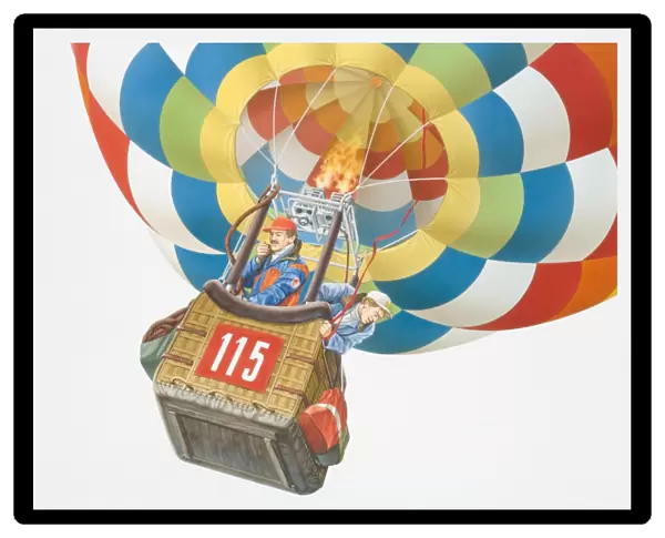 Illustration, two men standing in basket of rising hot-air balloon, one talking into radiophone, the other one looking down, low angle view
