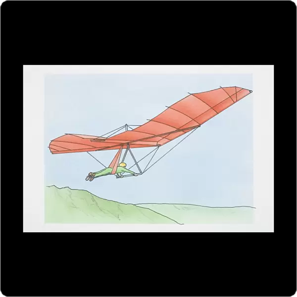 Illustration, man riding red hang glider over green hills, side view