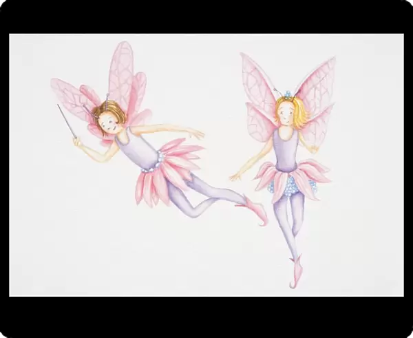 Illustration, two fairies with pink wings and skirts hovering in the air, one of them holding wand