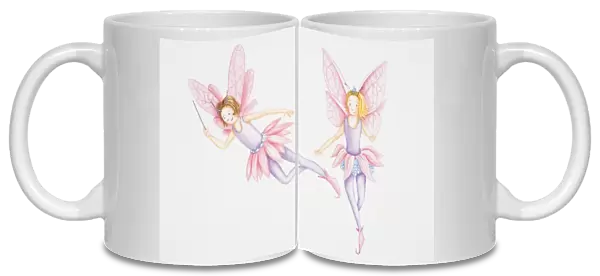 Illustration, two fairies with pink wings and skirts hovering in the air, one of them holding wand