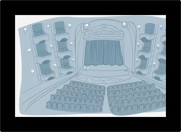Illustration in light blue, theatre, indoor view of auditorium including stalls and boxes, orchestra pit and stage with closed curtain, high angle view