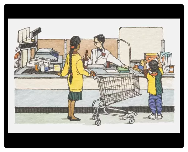 Illustration, mother and son standing at supermarket checkout counter with emptied trolley