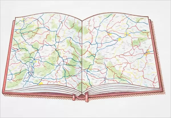 Open atlas, showing road map across double page