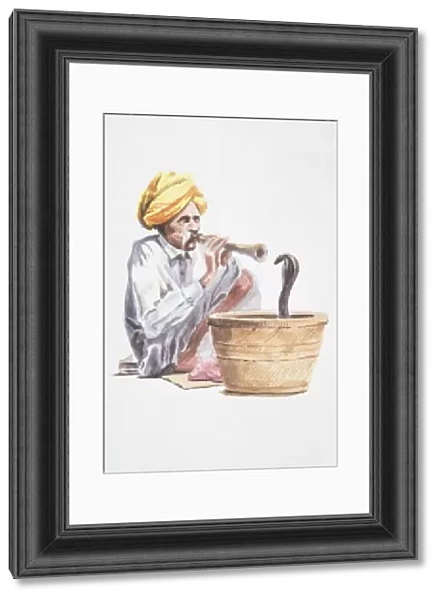 Snake charmer playing flute-like instrument, snake emerging from basket in front