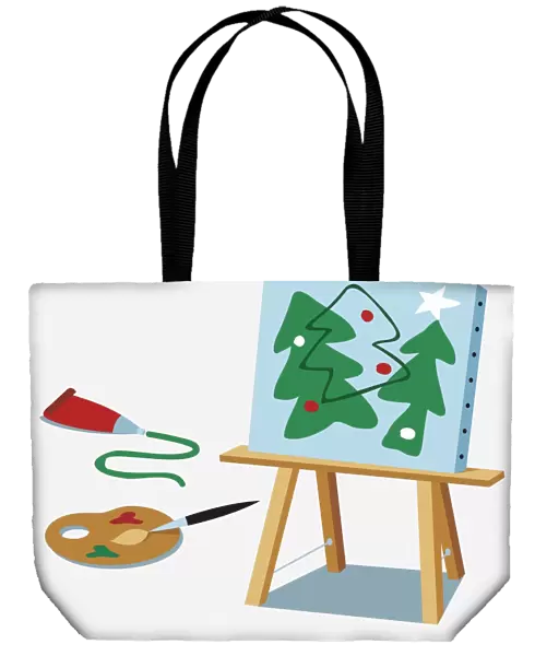 Painting of Christmas trees on an easel, palette, brush, tube of green paint in front