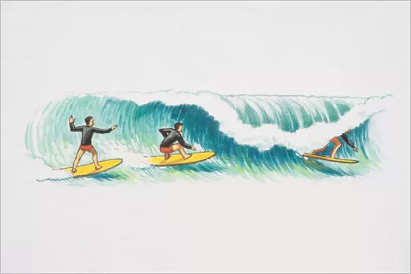 Three surfers balancing on yellow surfboards and tube riding wave