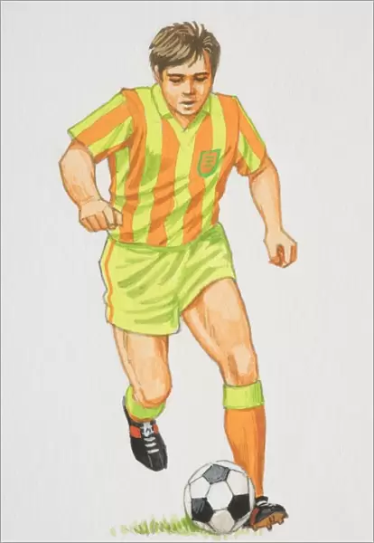 Football player in orange and green outfit running with football in front of him, front view