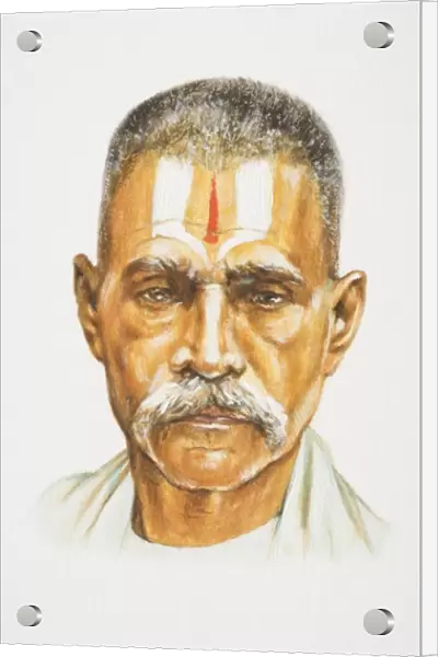 The Caribbeans, head of Asian man with grey moustache and forehead painted with red and white stripes, front view