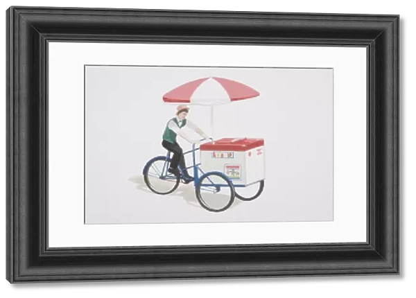 Man in green waistcoat and hat riding ice bike, a tricycle with umbrella and cool box used to sell ice cream