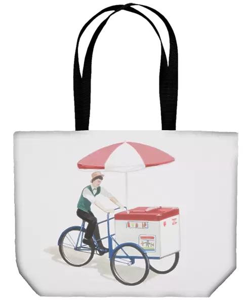 Man in green waistcoat and hat riding ice bike, a tricycle with umbrella and cool box used to sell ice cream