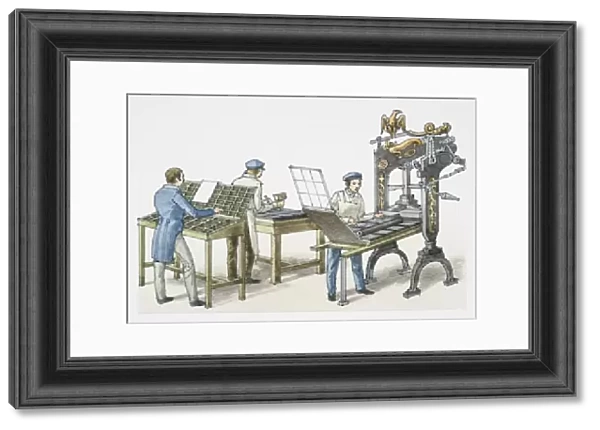 Workers printing using large metal presses, front view