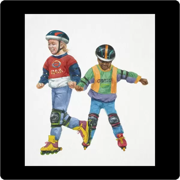 Girl and boy in kneepads and helmets rollerblading holding hands, front view