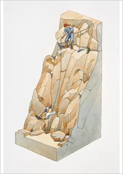 Two climbers climbing rocks on mountain side, the leader pausing for his partner to ascend, section
