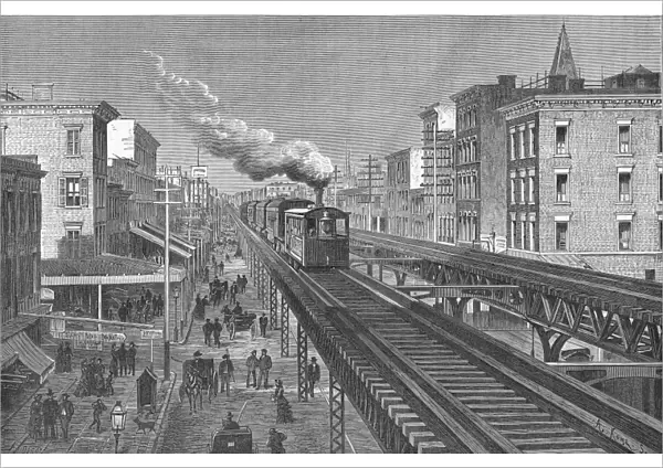 Train on double tracks of elevated railway, NYC, c. 1880