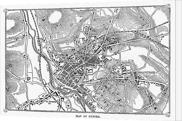 Map of Exeter in Devon, England Victorian Engraving, 1840