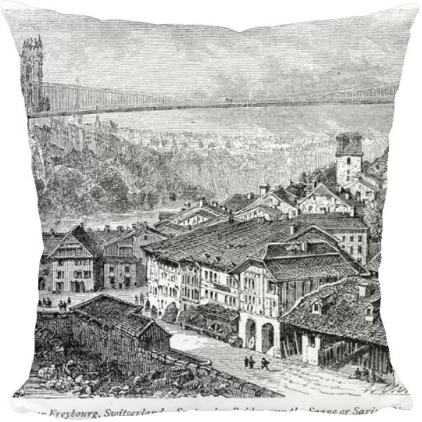 Fribourg town Switzerland engraving 1875