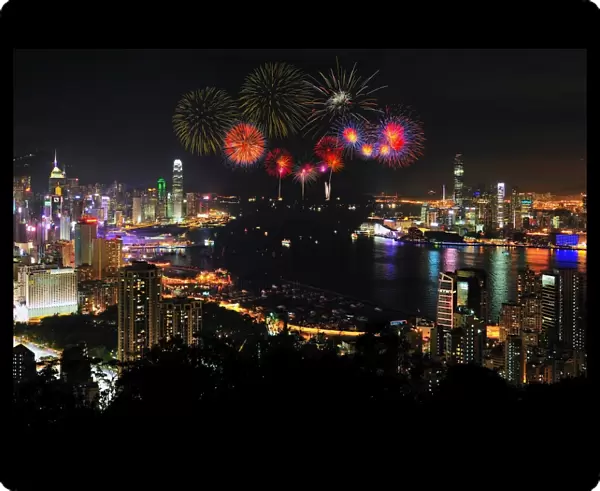 Hong kong city with firework