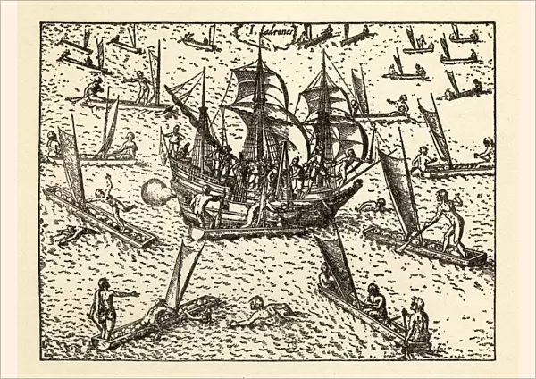Van Noort Attacked by Theives on the Marianne Islands, 1600