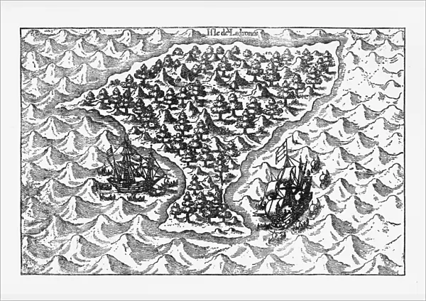 Van Noort Sailing the Marianne Islands, Engraving 1600