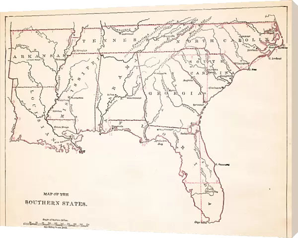 Drawing Map of Southern states USA 1883